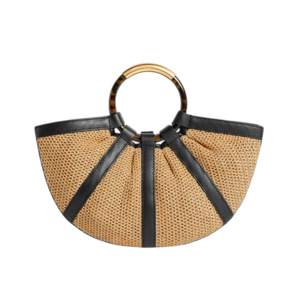 coccinelle_shell_straw_borsa_a_mano_paglia_pelle_conchiglia_summer_bag_2026_falchini_siena_natural_noir_frontale