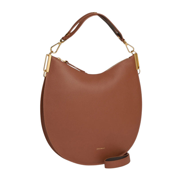 coccinelle_sunup_large_borsa_shopper_maxi_bag_pelle_grana_viaggio_2026_falchini_siena_cognac_nero_laterale