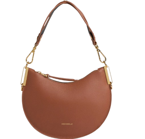 coccinelle_sunup_small_borsa_spalla_pelle_grana_hobo_chic_2026_falchini_siena_cognac_nero_frontale