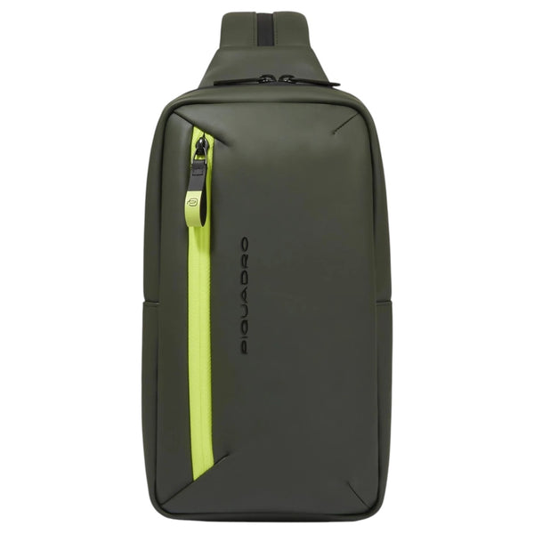piquadro_corner20_monospalla_sling_bag_pelle_tech_urban_style_2026_falchini_siena_verde_continuativo_frontale